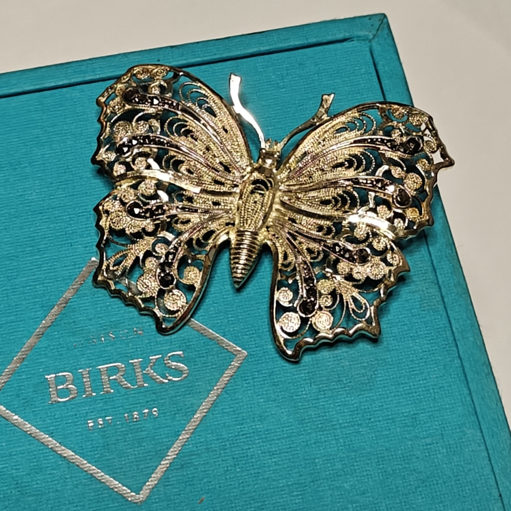 Rare Maison Birks Filligree Butterfly Brooch Silver Gilt With Marcasite